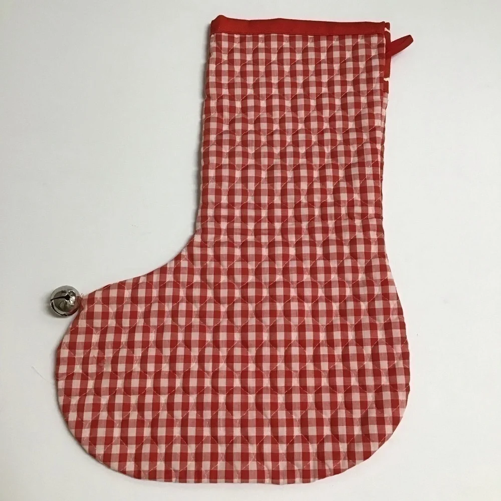 Vintage 80s Snowman Christmas Stocking Quilted Applique Handmade Red Gingham 18”